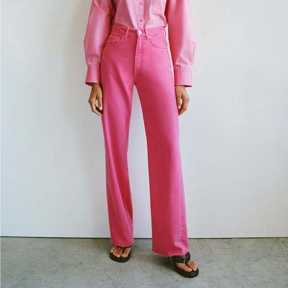Zara Hi-Rise Wide Leg Pink Full Length Jeans - Picture 1 of 6